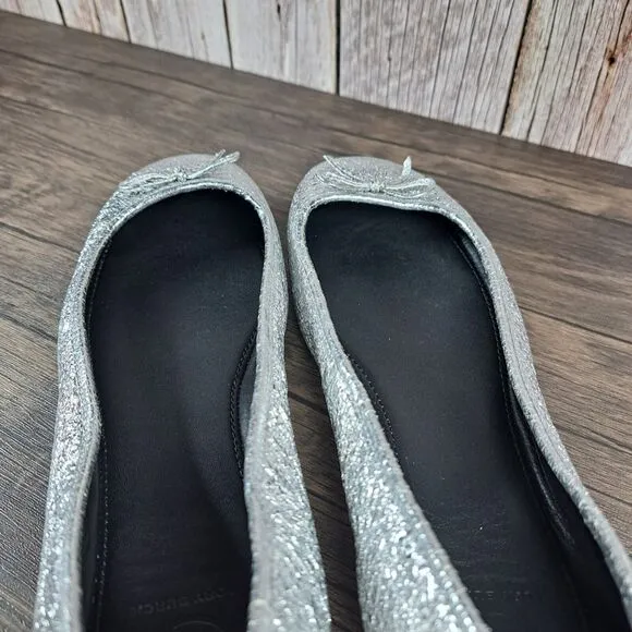 Tory Burch Laila 2 Driver Ballet Flats Crinkle Metallic Silver Women's Sz 8 M