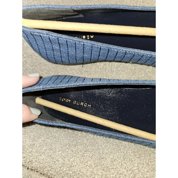 Tory Burch Leather &amp; Quilted Denim Cap-Toe Ballet Flats Shoes MSRP: $258 SIZE 8