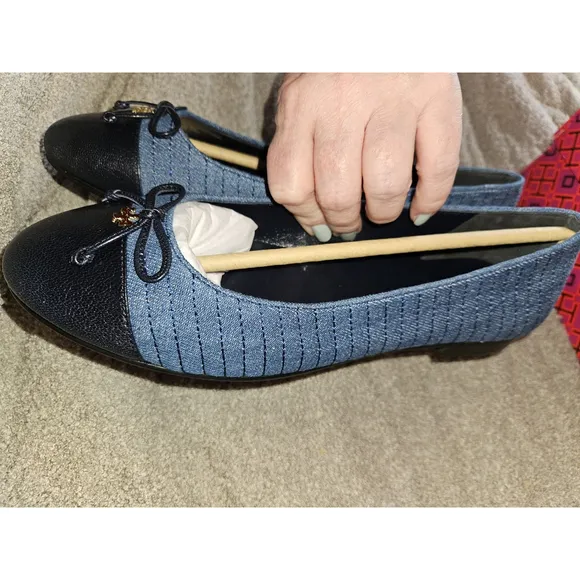 Tory Burch Leather &amp; Quilted Denim Cap-Toe Ballet Flats Shoes MSRP: $258 SIZE 8