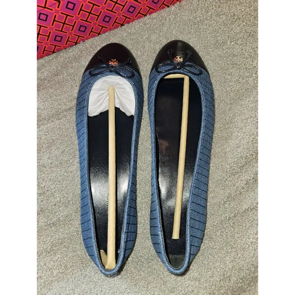 Tory Burch Leather &amp; Quilted Denim Cap-Toe Ballet Flats Shoes MSRP: $258 SIZE 8