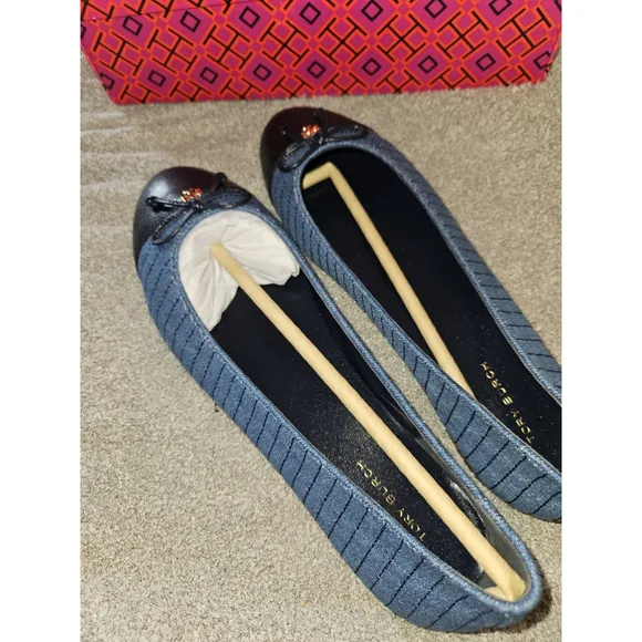 Tory Burch Leather &amp; Quilted Denim Cap-Toe Ballet Flats Shoes MSRP: $258 SIZE 8