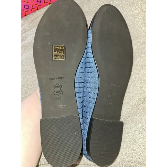 Tory Burch Leather &amp; Quilted Denim Cap-Toe Ballet Flats Shoes MSRP: $258 SIZE 8