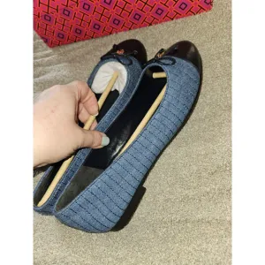 Tory Burch Leather &amp; Quilted Denim Cap-Toe Ballet Flats Shoes MSRP: $258 SIZE 8