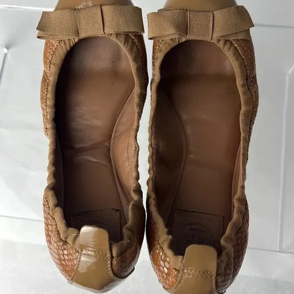 Tory Burch Leather/Fabric Bow Accent Ballet Slip-On Flats Brown Tan Size 9M