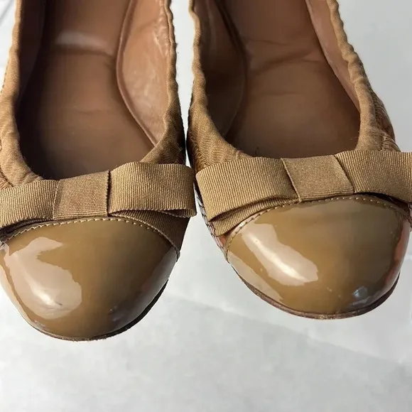 Tory Burch Leather/Fabric Bow Accent Ballet Slip-On Flats Brown Tan Size 9M