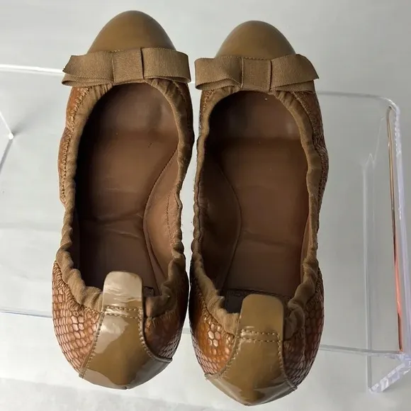 Tory Burch Leather/Fabric Bow Accent Ballet Slip-On Flats Brown Tan Size 9M