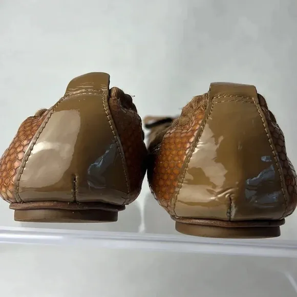 Tory Burch Leather/Fabric Bow Accent Ballet Slip-On Flats Brown Tan Size 9M