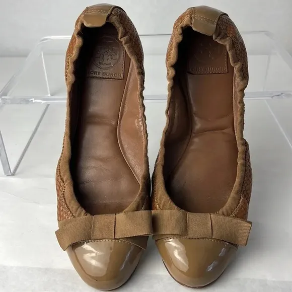 Tory Burch Leather/Fabric Bow Accent Ballet Slip-On Flats Brown Tan Size 9M