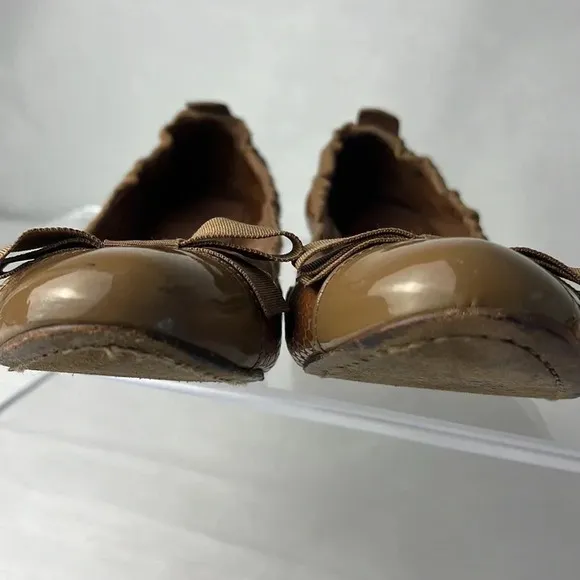 Tory Burch Leather/Fabric Bow Accent Ballet Slip-On Flats Brown Tan Size 9M