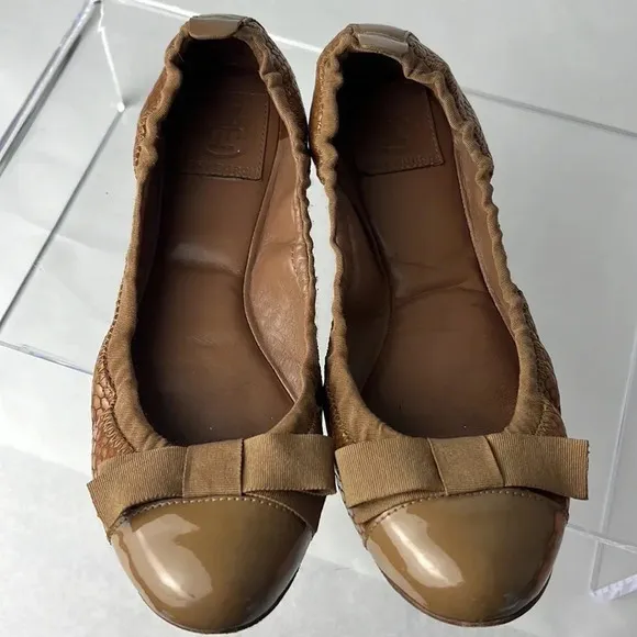 Tory Burch Leather/Fabric Bow Accent Ballet Slip-On Flats Brown Tan Size 9M