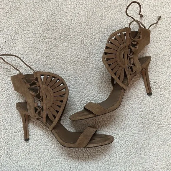 TORY BURCH Leyla Lace Up Suede Cut Out Open Toe Stilettos Heels Size 7.5
