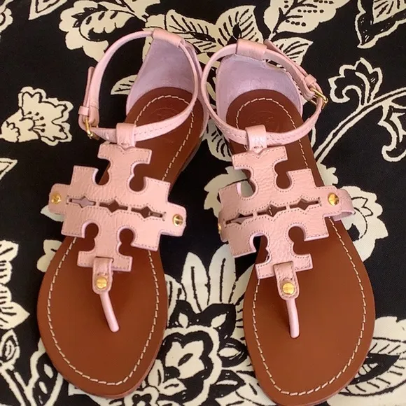 Tory Burch Pink and Brown Sandals with Gold Details
