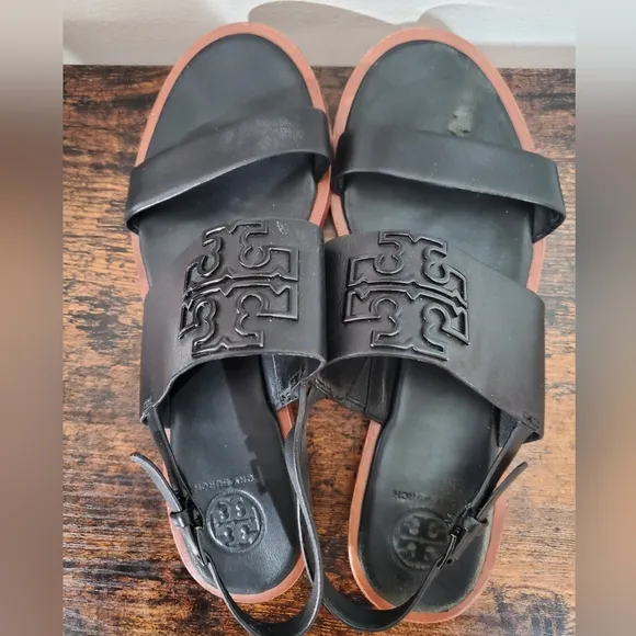 Tory Burch Power Coated Melinda Sandal Size 7 Calf Leather Black