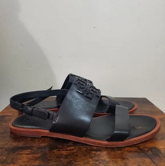 Tory Burch Power Coated Melinda Sandal Size 7 Calf Leather Black