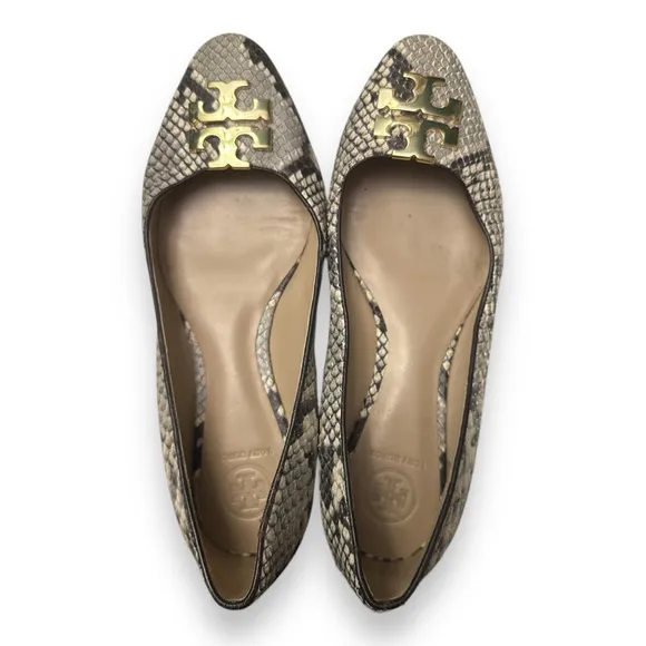 Tory Burch Raleigh Python Embossed Leather Ballet Flats Size 8 Beige/Brown