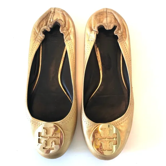 Tory Burch Reva Ballet Flats in Metallic Gold w/ T Logo Women’s 8, Leather Shoes