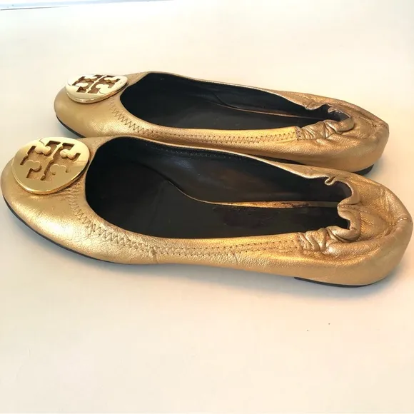 Tory Burch Reva Ballet Flats in Metallic Gold w/ T Logo Women’s 8, Leather Shoes