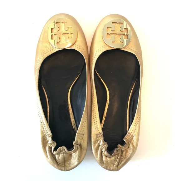 Tory Burch Reva Ballet Flats in Metallic Gold w/ T Logo Women’s 8, Leather Shoes