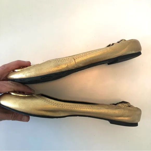 Tory Burch Reva Ballet Flats in Metallic Gold w/ T Logo Women’s 8, Leather Shoes