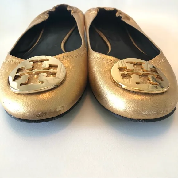 Tory Burch Reva Ballet Flats in Metallic Gold w/ T Logo Women’s 8, Leather Shoes