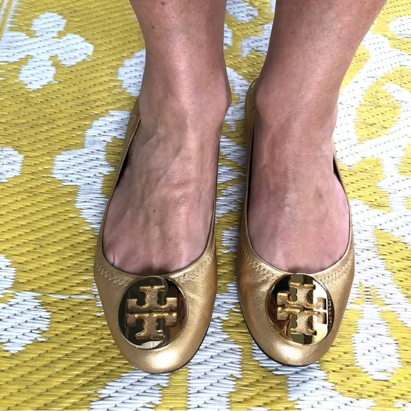 Tory Burch Reva Ballet Flats in Metallic Gold w/ T Logo Women’s 8, Leather Shoes