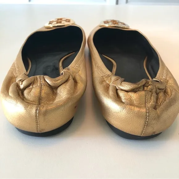 Tory Burch Reva Ballet Flats in Metallic Gold w/ T Logo Women’s 8, Leather Shoes