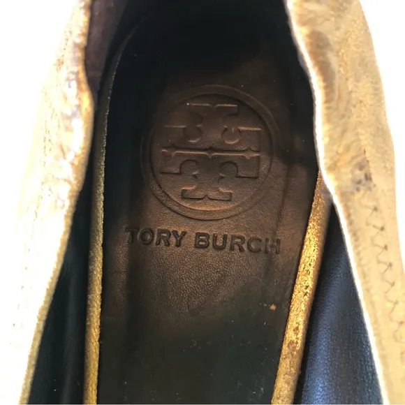 Tory Burch Reva Ballet Flats in Metallic Gold w/ T Logo Women’s 8, Leather Shoes