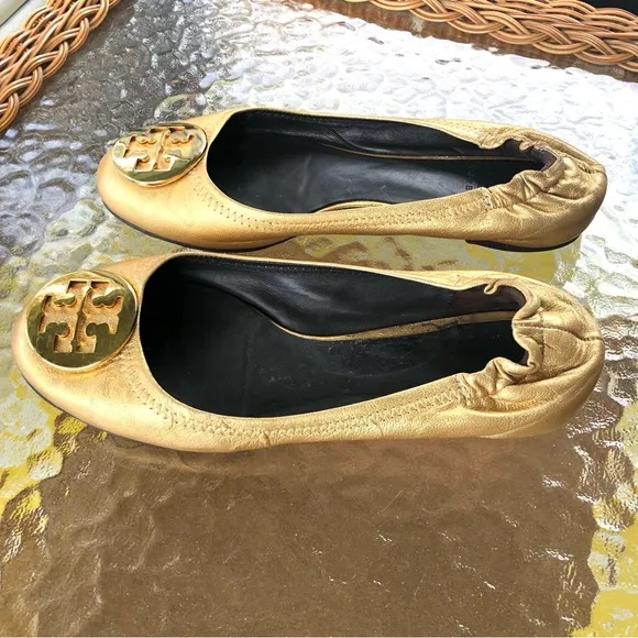 Tory Burch Reva Ballet Flats in Metallic Gold w/ T Logo Women’s 8, Leather Shoes
