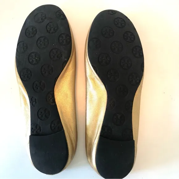 Tory Burch Reva Ballet Flats in Metallic Gold w/ T Logo Women’s 8, Leather Shoes