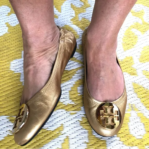 Tory Burch Reva Ballet Flats in Metallic Gold w/ T Logo Women’s 8, Leather Shoes