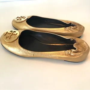 Tory Burch Reva Ballet Flats in Metallic Gold w/ T Logo Women’s 8, Leather Shoes