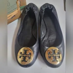 Tory Burch Reva Womens Size 7.5 M Black Leather Ballet Flats Slip On Shoes