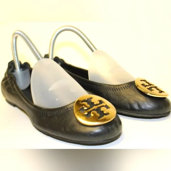 Tory Burch Reva Womens Size 7.5 M Black Leather Ballet Flats Slip On Shoes