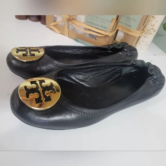 Tory Burch Reva Womens Size 7.5 M Black Leather Ballet Flats Slip On Shoes