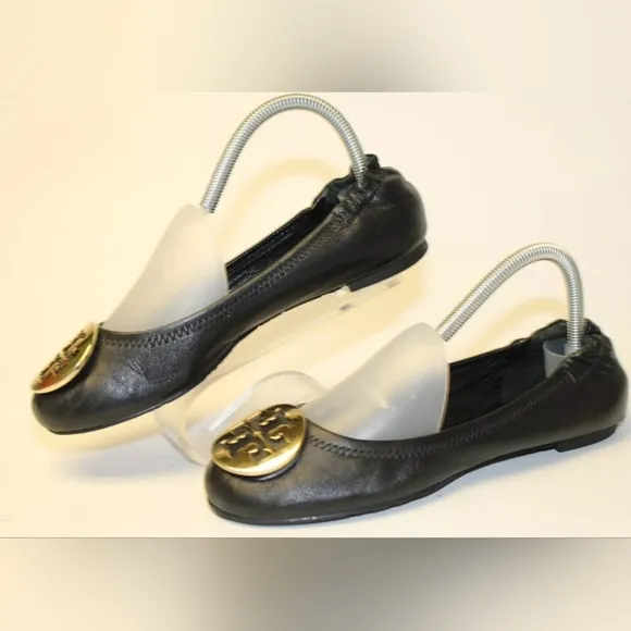 Tory Burch Reva Womens Size 7.5 M Black Leather Ballet Flats Slip On Shoes