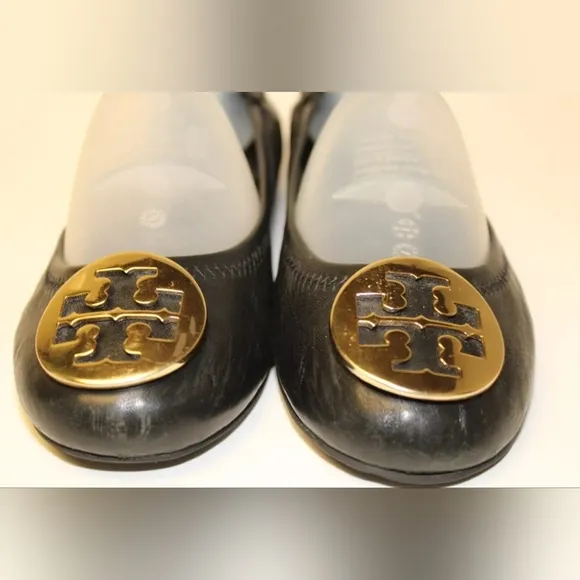 Tory Burch Reva Womens Size 7.5 M Black Leather Ballet Flats Slip On Shoes