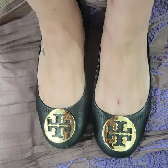 Tory Burch Reva Womens Size 7.5 M Black Leather Ballet Flats Slip On Shoes