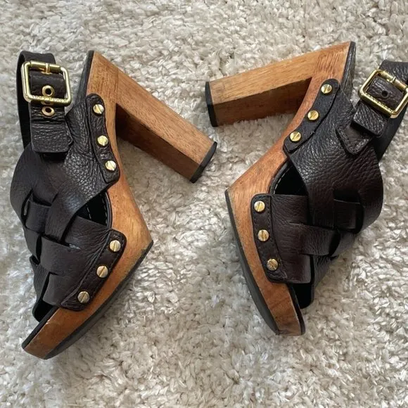 Tory Burch Women Heel Sandal Shoes Dark Brown Leather Upper Wood Heel Size 6