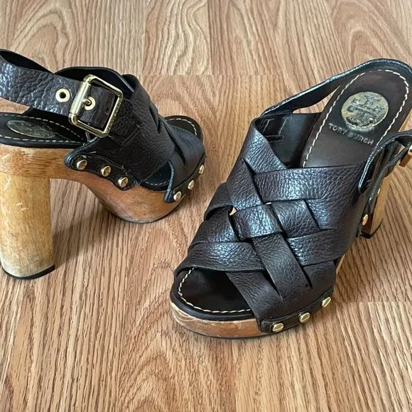 Tory Burch Women Heel Sandal Shoes Dark Brown Leather Upper Wood Heel Size 6