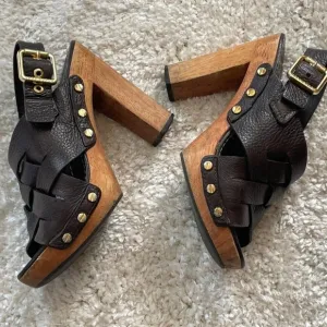 Tory Burch Women Heel Sandal Shoes Dark Brown Leather Upper Wood Heel Size 6