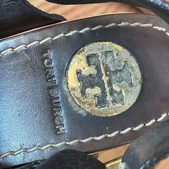 Tory Burch Women Heel Sandal Shoes Dark Brown Leather Upper Wood Heel Size 6
