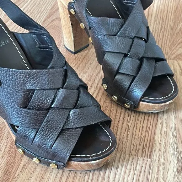 Tory Burch Women Heel Sandal Shoes Dark Brown Leather Upper Wood Heel Size 6