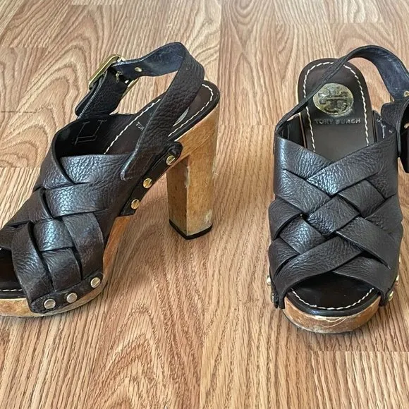Tory Burch Women Heel Sandal Shoes Dark Brown Leather Upper Wood Heel Size 6