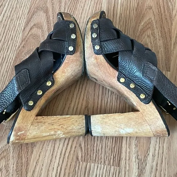 Tory Burch Women Heel Sandal Shoes Dark Brown Leather Upper Wood Heel Size 6