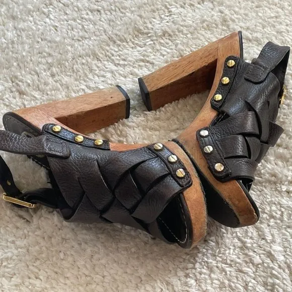 Tory Burch Women Heel Sandal Shoes Dark Brown Leather Upper Wood Heel Size 6