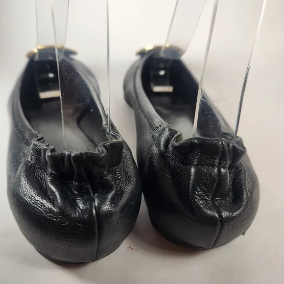 TORY BURCH Women's Reva Ballet Flats Size 8 Leather Slip On Black Gold Shoes