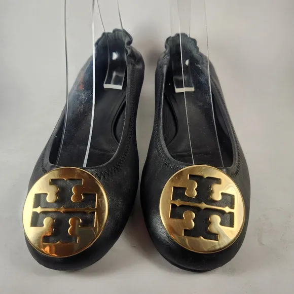 TORY BURCH Women's Reva Ballet Flats Size 8 Leather Slip On Black Gold Shoes