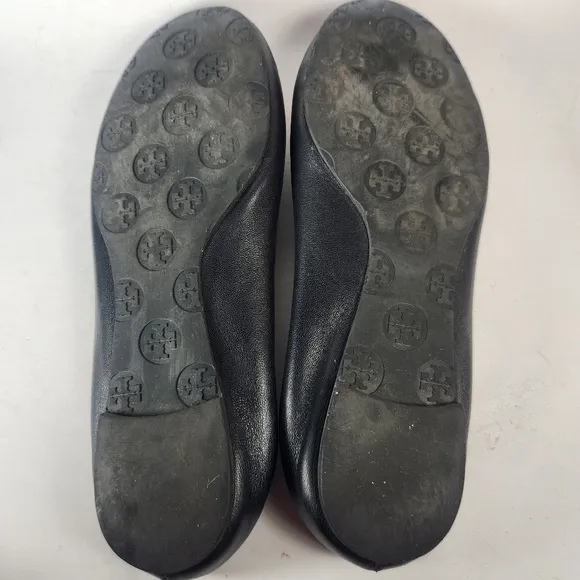 TORY BURCH Women's Reva Ballet Flats Size 8 Leather Slip On Black Gold Shoes