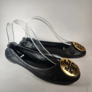 TORY BURCH Women's Reva Ballet Flats Size 8 Leather Slip On Black Gold Shoes