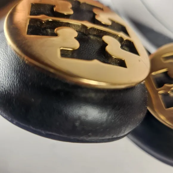 TORY BURCH Women's Reva Ballet Flats Size 8 Leather Slip On Black Gold Shoes